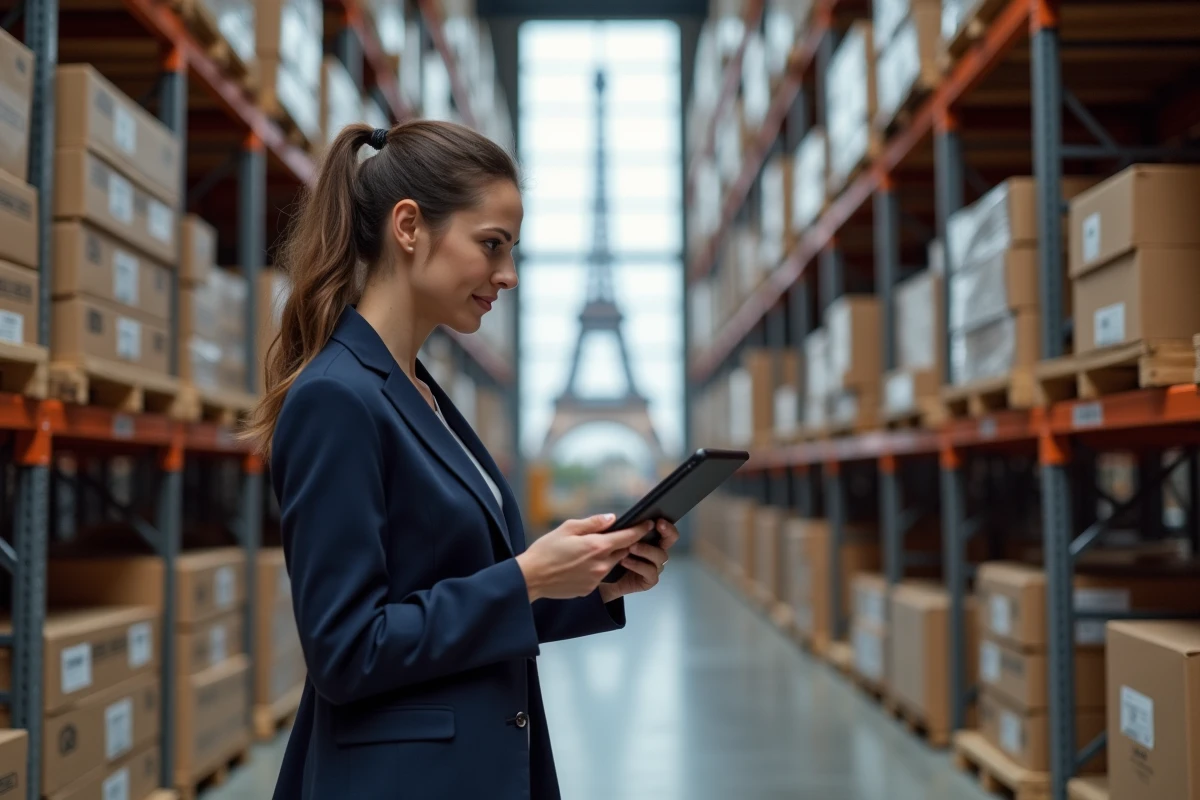 Femme professionnelle examinant un scanner RFID dans un entrepôt parisien
