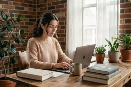 Femme introvertie en télétravail dans un bureau à domicile calme et bien aménagé avec plantes et livres