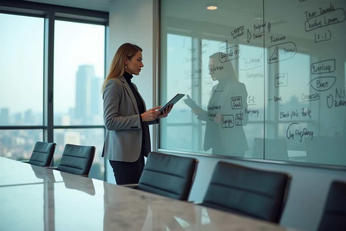 Femme investisseuse analysant des données d'entreprise sur tablette devant un tableau de stratégie financière