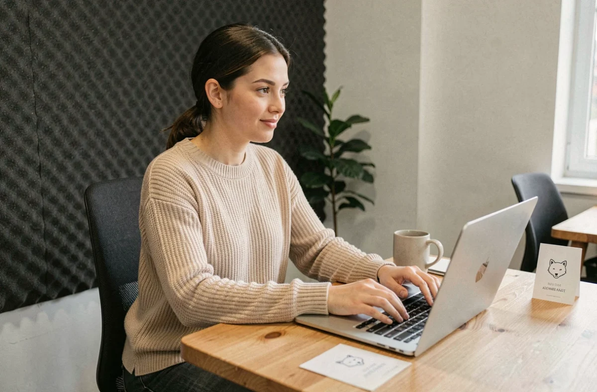 Femme testant un espace de coworking lors d'une journée d'essai, assise à un bureau individuel avec un ordinateur portable et un café