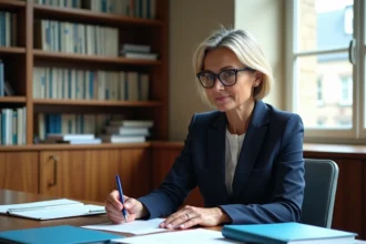 Femme française en blazer dans un bureau moderne