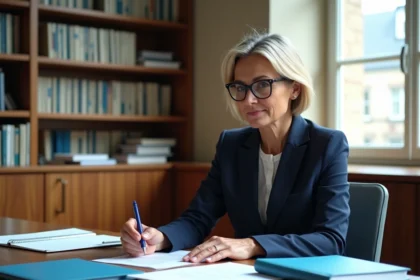 Femme française en blazer dans un bureau moderne