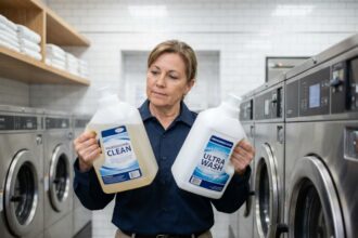 Femme en uniforme compare deux bouteilles de detergent professionnel