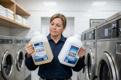 Femme en uniforme compare deux bouteilles de detergent professionnel