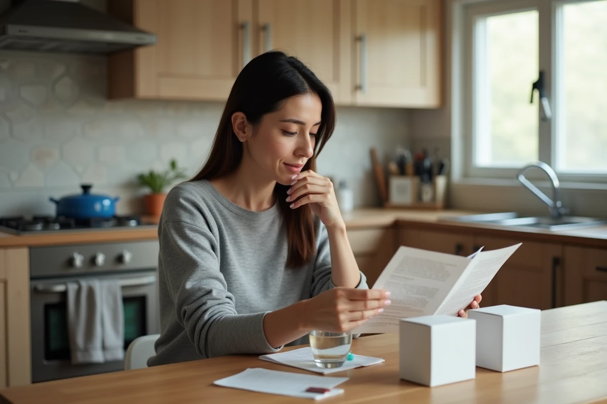 Femme lisant une notice de médicaments anti-inflammatoires à la table de sa cuisine avec deux boîtes ouvertes devant elle