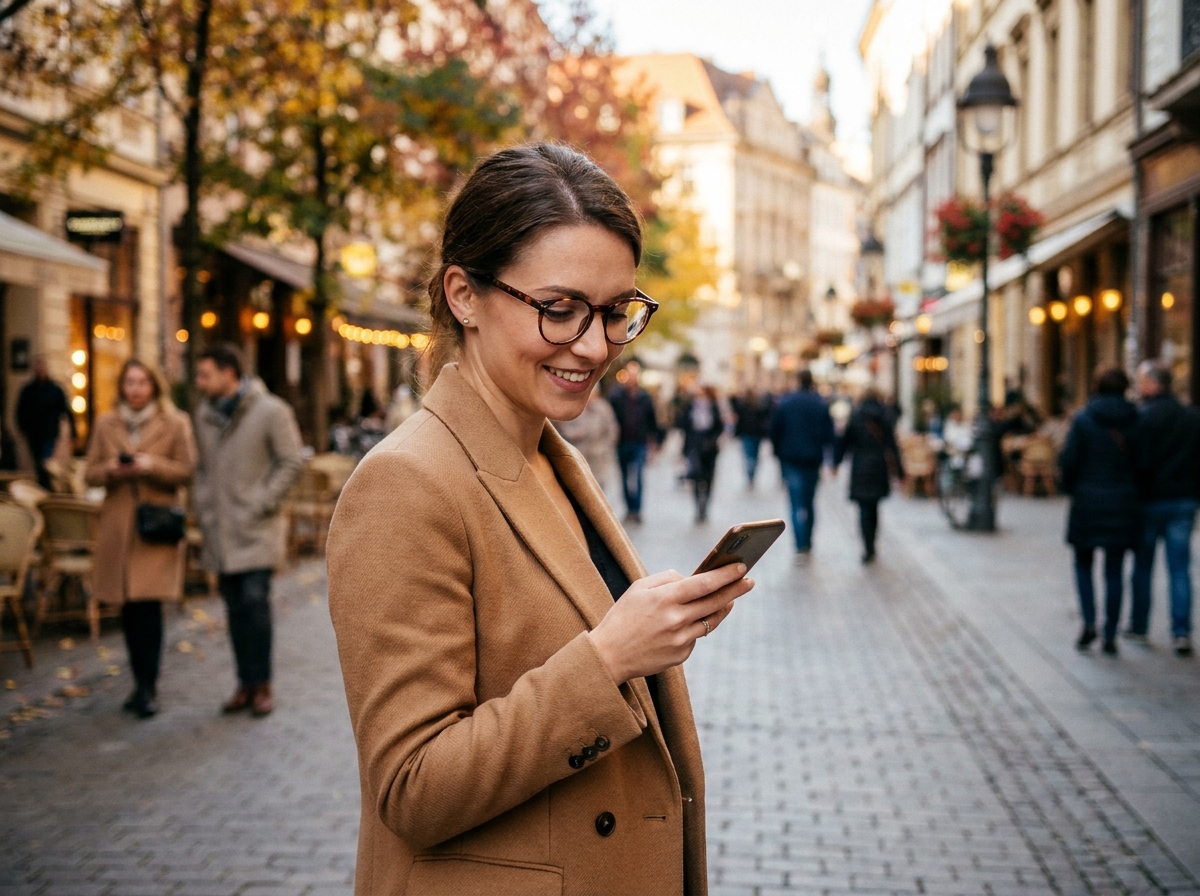 Jeune femme professionnelle portant des lunettes tendance dans une rue commerçante européenne en automne