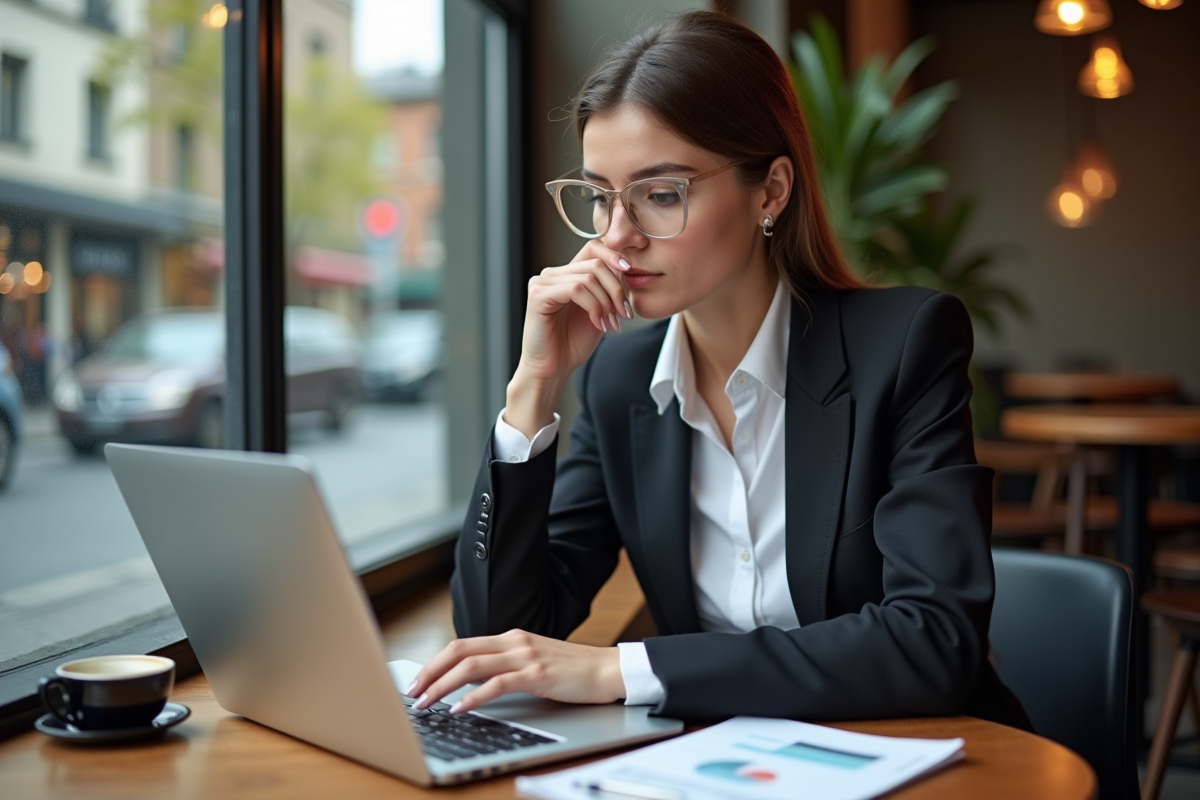 Jeune femme marketing travaillant dans un café moderne