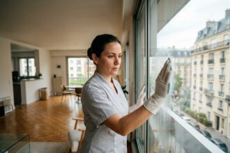 Femme de ménage professionnelle en uniforme gris nettoyant une surface vitrée dans un appartement moderne de Boulogne-Billancourt