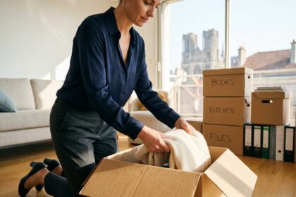 Femme organisée pliant ses vêtements dans un appartement à Reims