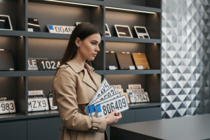 Jeune femme avec plaques de voiture dans une boutique minimaliste
