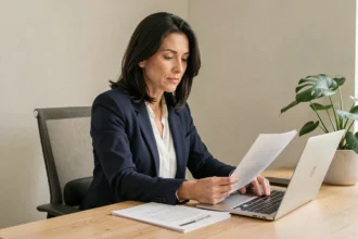 Femme en télétravail consultant des documents dans un bureau à domicile moderne, illustrant le portage salarial à temps partiel