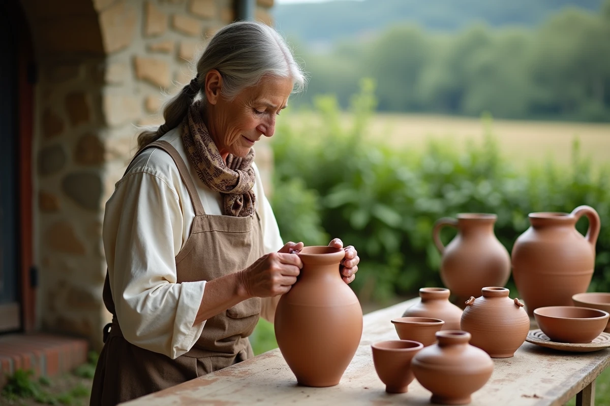Femme normande examinant une cruche en terre cuite