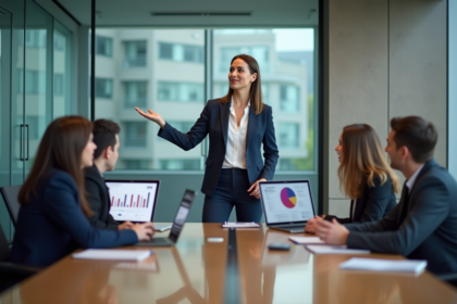 Femme en blazer navy présentant un plan marketing en réunion