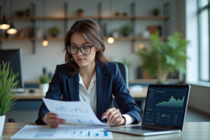 Femme professionnelle en bureau moderne analysant un rapport