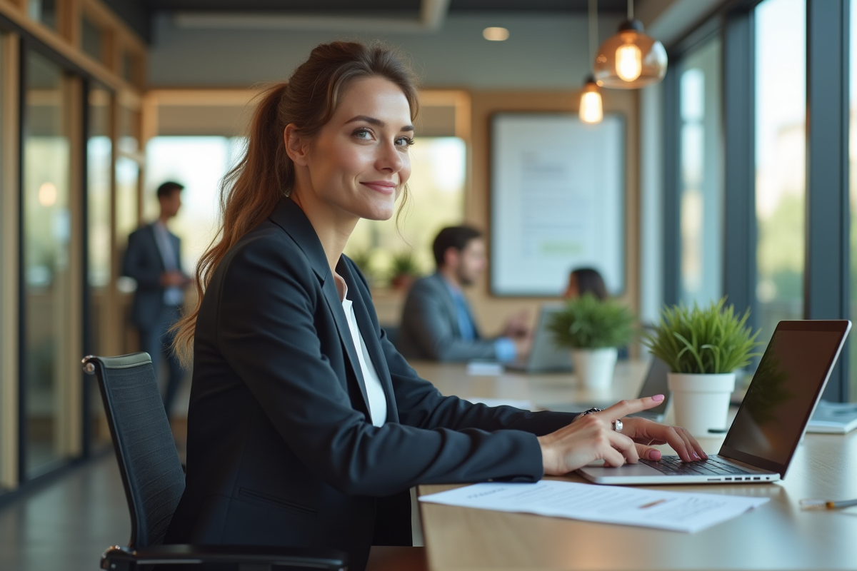 Femme professionnelle assise à son bureau moderne en entreprise