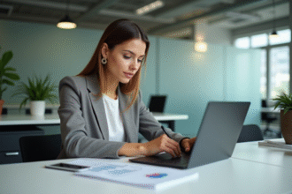 Femme professionnelle concentrée au bureau avec ordinateur