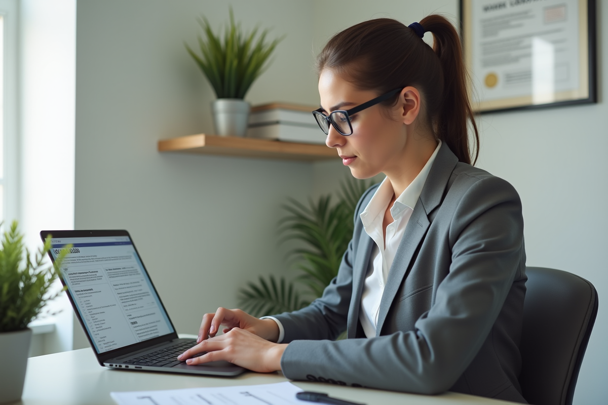 Jeune femme en costume étudiant un graphique sur son ordinateur