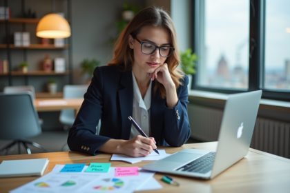 Jeune femme en blazer et jeans étudie un diagramme marketing