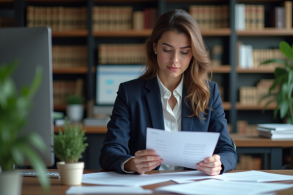 Femme professionnelle examinant des documents de brevets dans un bureau