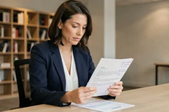 Femme professionnelle relisant un CV en anglais avec des annotations sur le terme sponsorship dans un bureau moderne