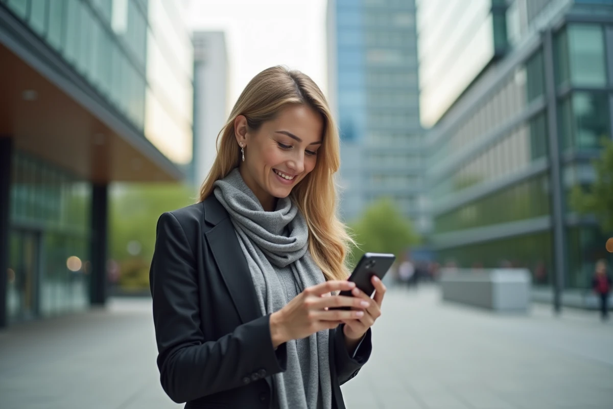 Femme d affaires souriante utilisant son smartphone en extérieur