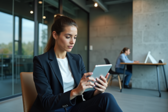 Jeune femme professionnelle analysant des tableaux marketing