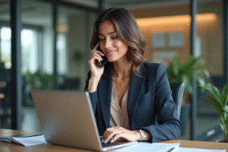 Femme professionnelle au bureau analysant des statistiques de leads