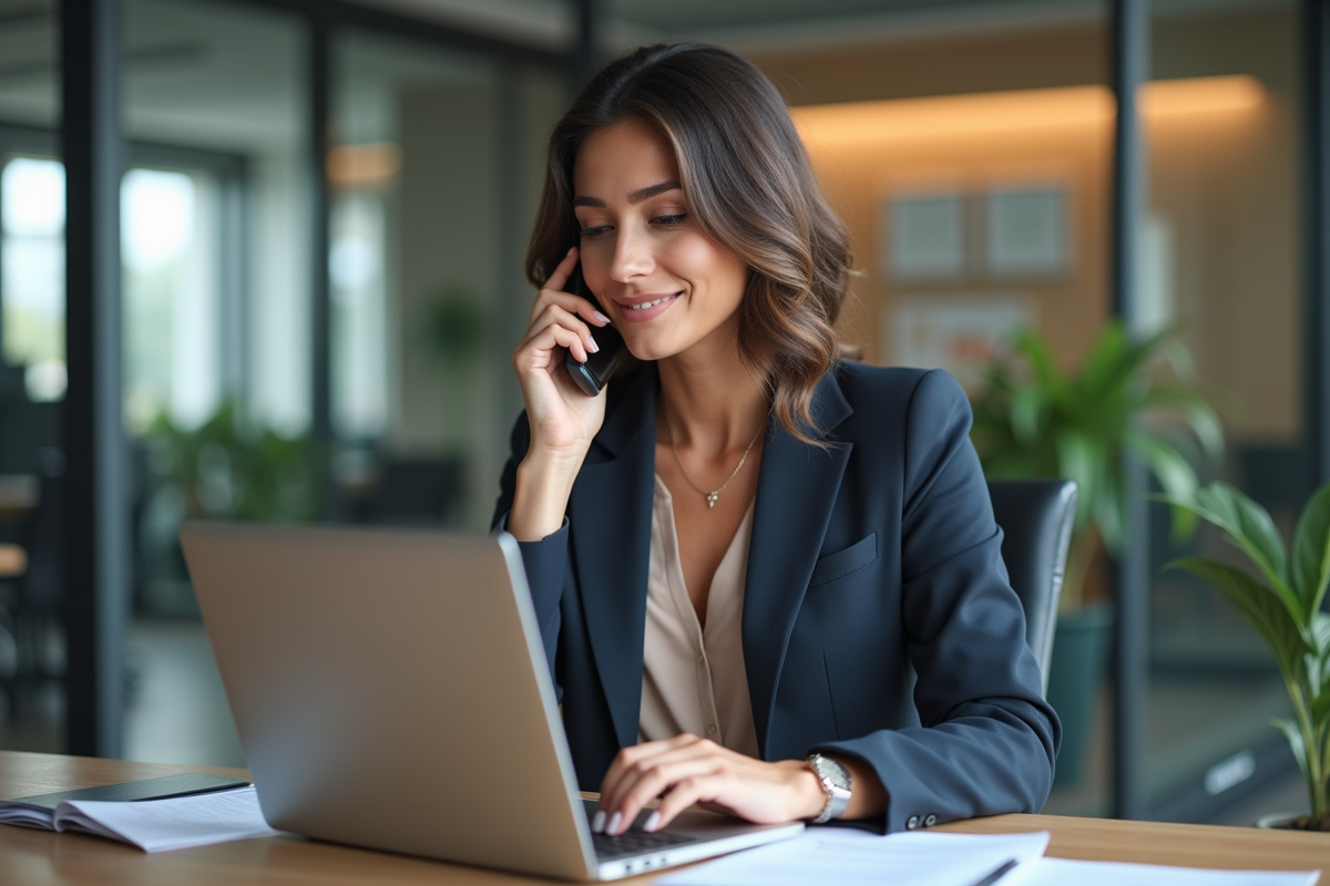 Femme professionnelle au bureau analysant des statistiques de leads