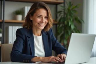 Femme professionnelle travaillant sur son ordinateur portable dans un bureau moderne pour améliorer sa visibilité en ligne