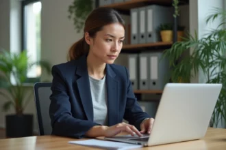 Femme en reconversion professionnelle consultant le portail ROME emploi sur son ordinateur portable dans un bureau moderne