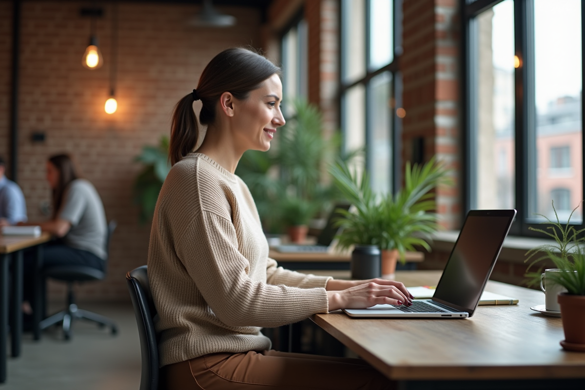 Femme en visioconference dans un espace coworking industriel