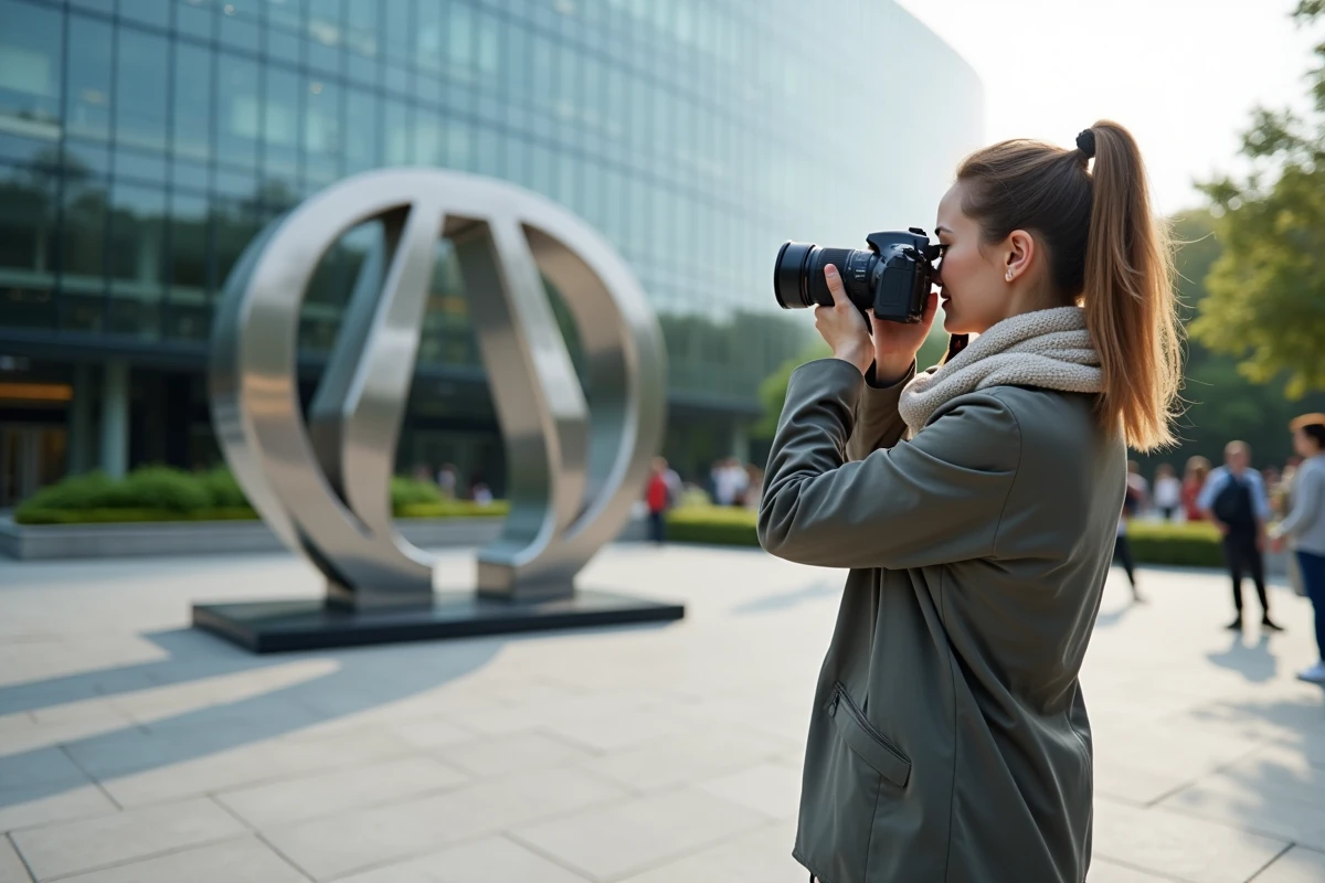 Jeune femme photographie une sculpture Omega en extérieur moderne