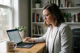 Femme concentrée lisant attentivement un document numérique sur ordinateur portable avant de signer électroniquement