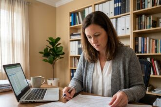 Femme indépendante à son bureau à domicile examinant des documents d'assurance professionnelle pour son activité en télétravail