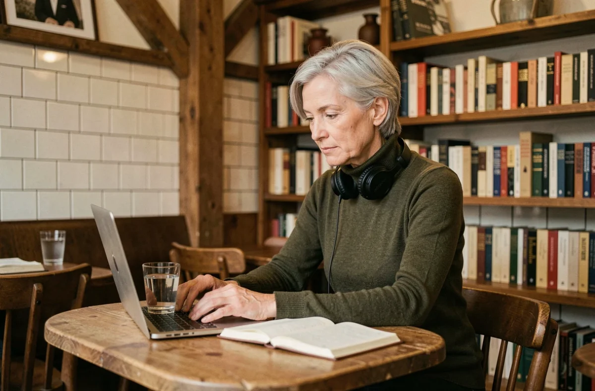 Femme en télétravail concentrée dans un café indépendant calme, idéal pour les profils introvertis