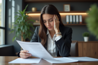 Femme en bureau examinant des documents d'assurance santé