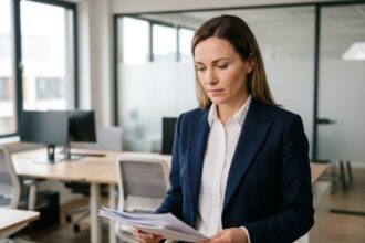 Femme professionnelle portant un blazer ajusté dans un bureau moderne, illustrant le choix de vêtements de travail adaptés