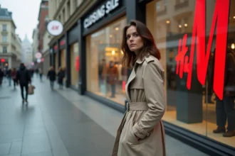 Femme devant une vitrine H&M avec panneau de fermeture et soldes en centre-ville