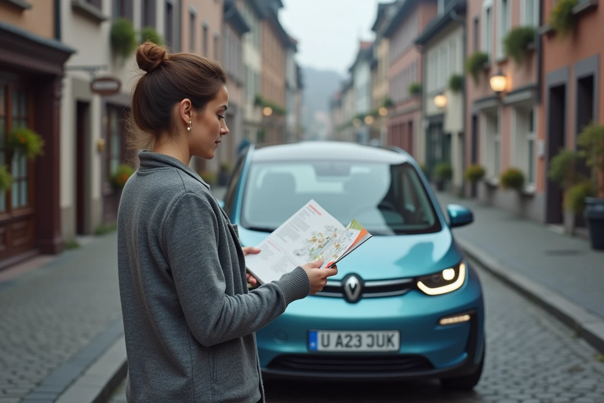 Femme tenant une brochure d'information sur l'Alsace cahr à côté d'une voiture électrique