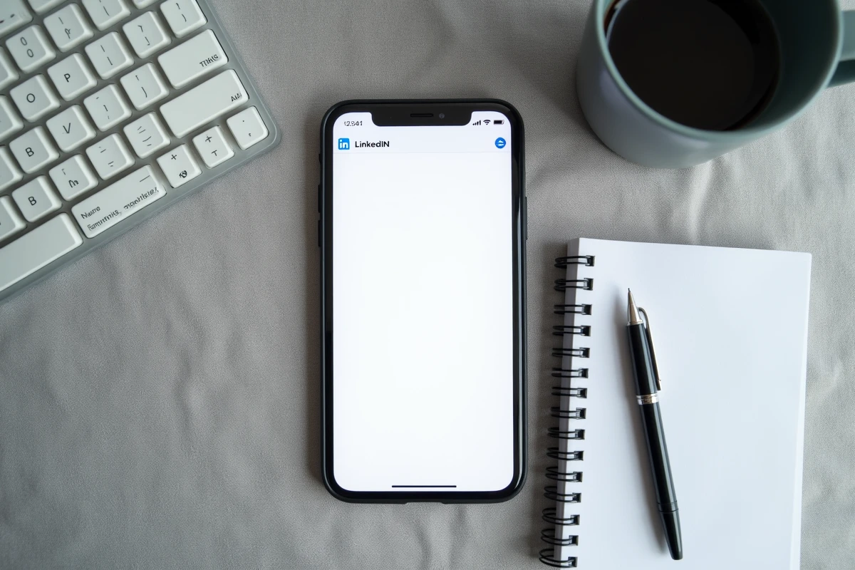 Vue aérienne d'un smartphone affichant un fil LinkedIn avec texte en gras sur un bureau minimaliste avec carnet et clavier