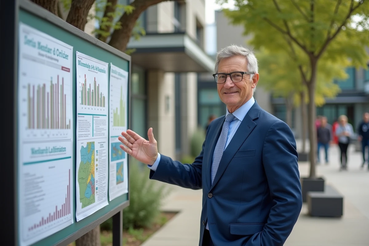 Officiel local montrant des données économiques sur un panneau