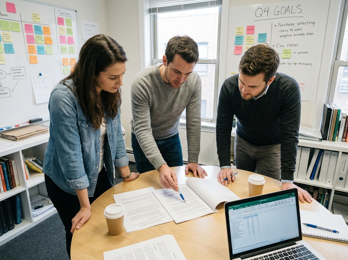 Trois jeunes associés d'une startup analysant ensemble un pacte d'associés autour d'une table de réunion, soulignant l'importance des accords entre fondateurs