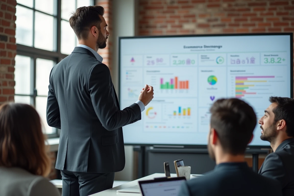 Instructeur en formation ecommerce devant tableau blanc