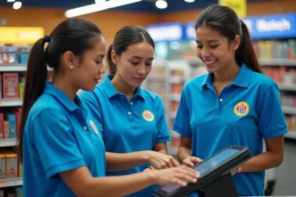 Équipe de vendeurs en formation sur le terminal de jeux FDJ en point de vente