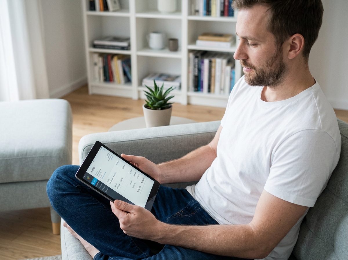 Freelance masculin consultant une application de facturation sur tablette dans un appartement moderne et minimaliste