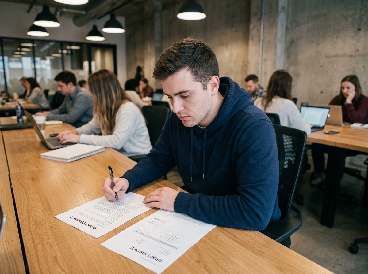 Jeune freelance comparant un contrat client et une facture imprimée dans un espace de coworking moderne