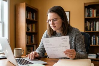 Jeune freelance débutante en train de rédiger sa première facture sur ordinateur portable avec des documents papier sur un bureau en bois