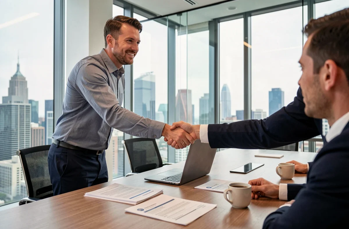 Freelance en portage salarial signant un contrat avec un client en salle de réunion
