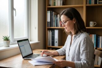Freelance femme indépendante qui consulte ses documents financiers sur un bureau en bois dans un home office calme et organisé