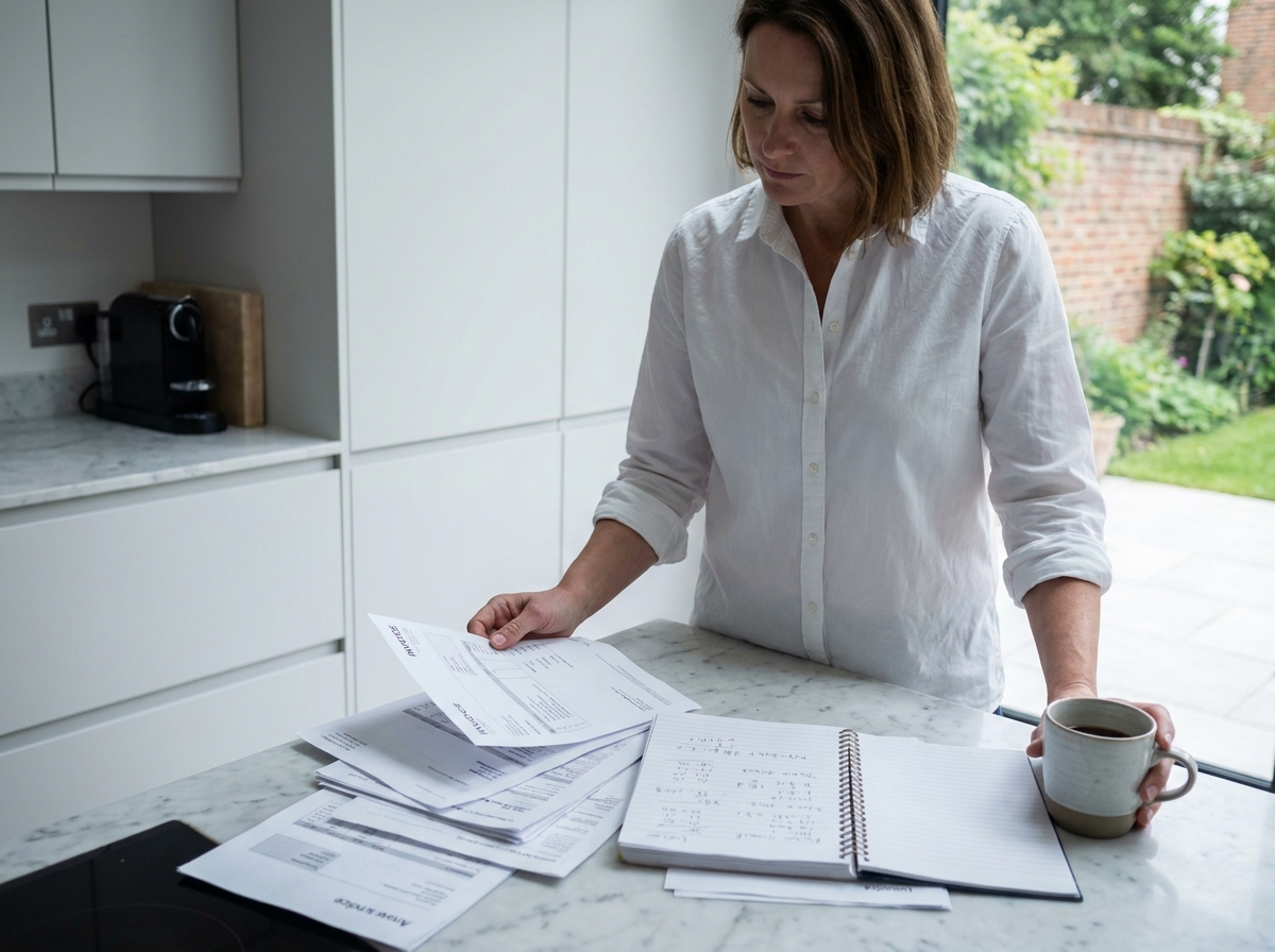 Femme freelance debout dans une cuisine moderne en train de vérifier des factures et un carnet de comptes pour suivre ses encaissements